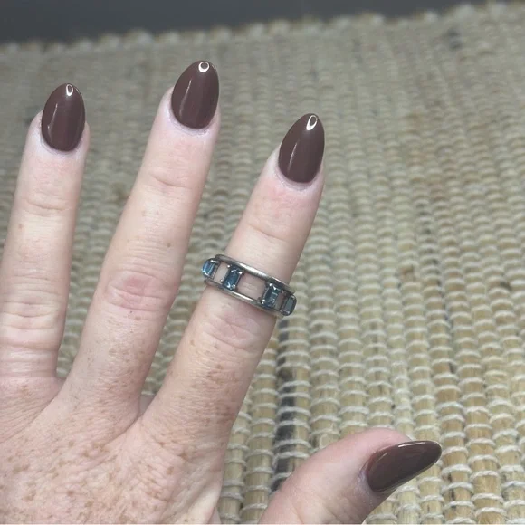 Blue Topaz Aquamarine Rectangular Stone Silver Tone Costume Ring Size 5.75 - Picture 4 of 10